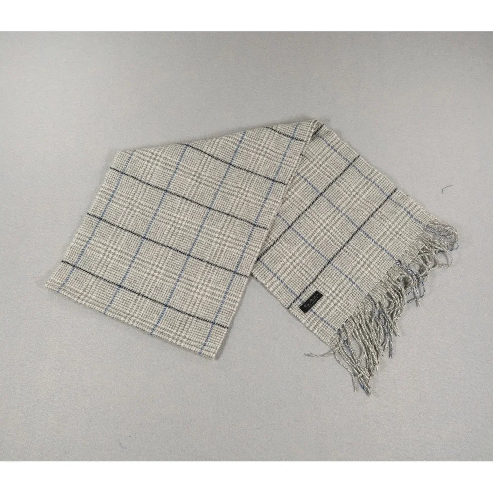 Enzo Mantovani Womens Mens Scarf 100% Cashmere Glen Plaid Fringe Grey Blue